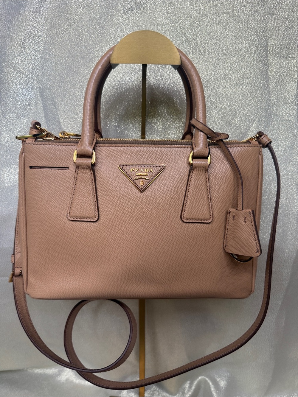 Prada Saffiano Leather Top-Handle Bag Small in Taupe